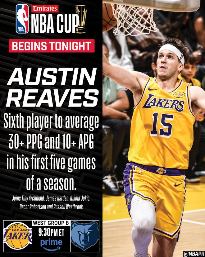 里夫斯開賽前5場場均得分30+助攻10+，歷史第六位達此成就球員