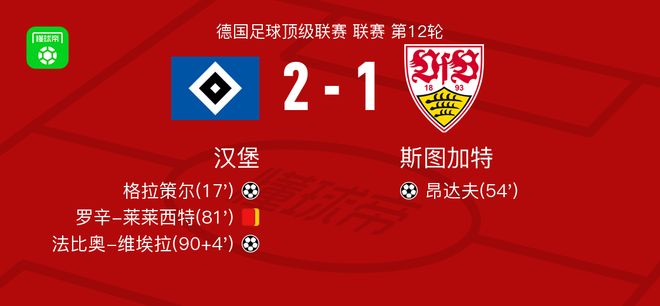 汉堡2-1斯图加特，法比奥-维埃拉破门，格拉策尔建功