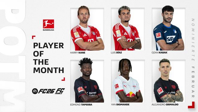 德甲二月最佳球員候選：凱恩、迪亞斯領(lǐng)銜，揚-迪奧曼德在列