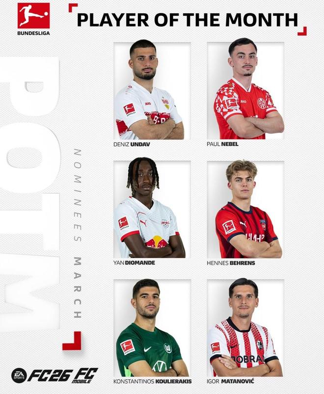 德甲3月最佳球員候選：昂達夫領銜，迪奧曼德在列