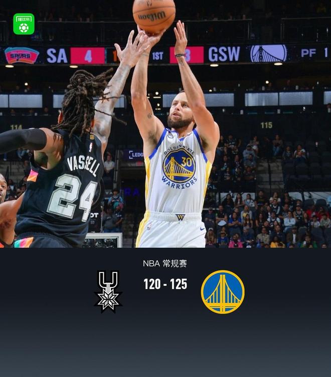 勇士125-120逆转马刺,库里46分,文班亚马31+15+10+8失误,巴特勒28+8