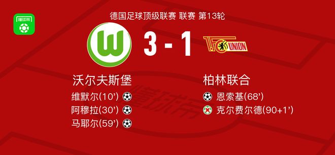 沃尔夫斯堡3-1柏林联合,马耶尔建功,阿穆拉1传1射