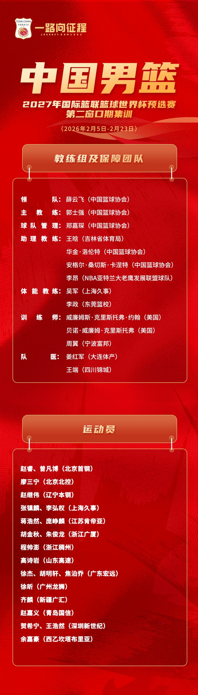 一路向征程｜徐杰、胡明軒、焦泊喬入選世預賽中國男籃集訓名單