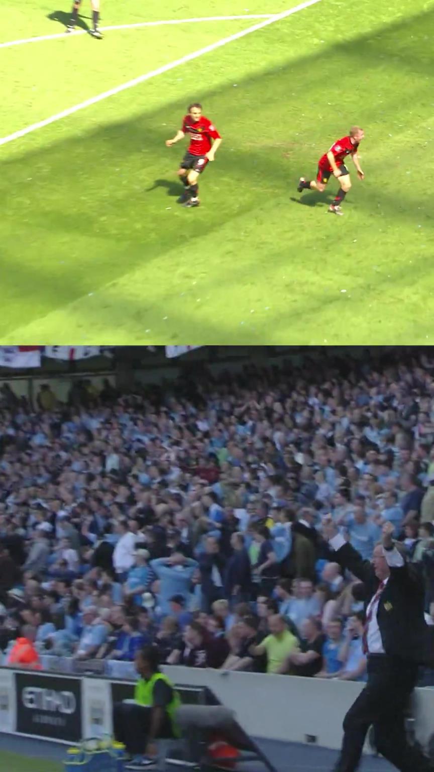 曼联经典：斯科尔斯补时绝杀曼城，内维尔献上世纪之吻