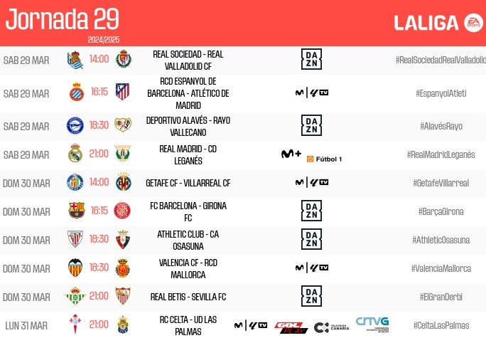 西甲29轮调整：30日23:15巴萨vs赫罗纳，31日1:30毕巴vs奥萨苏纳