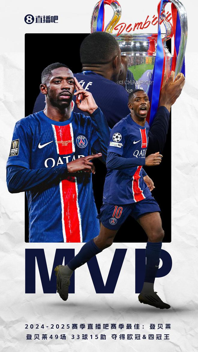 真香！直播吧2024/25五大聯(lián)賽MVP：登貝萊！49場33球15助&四冠王