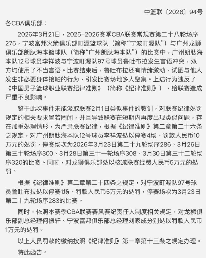 CBA重罚！李祥波因不当言论被禁赛4场，鲁吐布拉情绪激动被禁1场