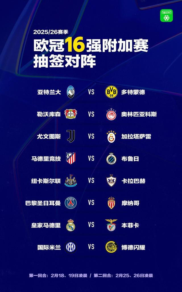 欧冠淘汰赛附加赛对阵：皇马再战本菲卡，大巴黎摩纳哥内战