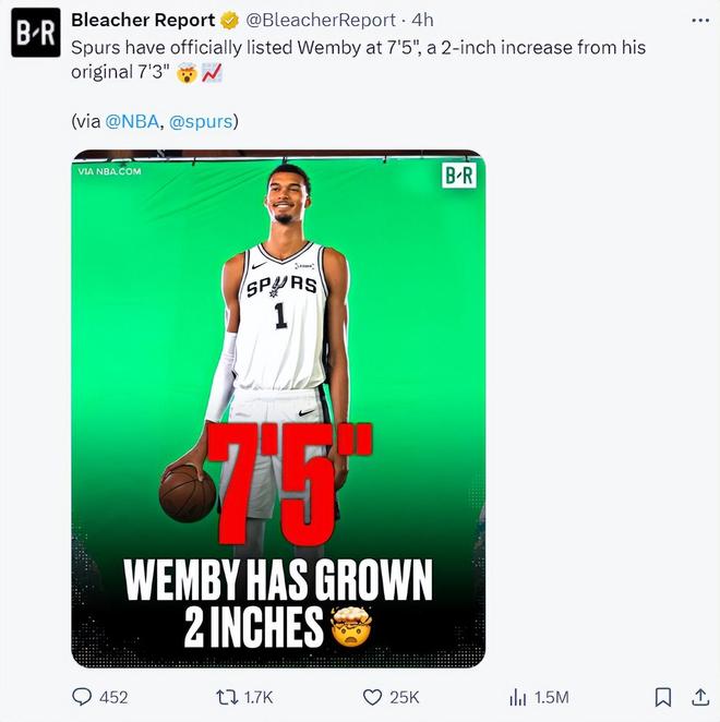 短短9天又長2厘米？文班亞馬已2.26米 美媒：NBA官網(wǎng)更新到7尺5