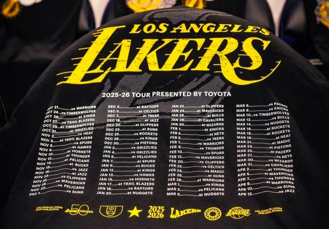 湖人主场揭幕战送定制T恤，背部印有新赛季完整赛程