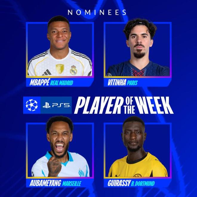 歐冠本輪最佳球員候選：姆巴佩、維蒂尼亞、吉拉西、奧巴梅揚