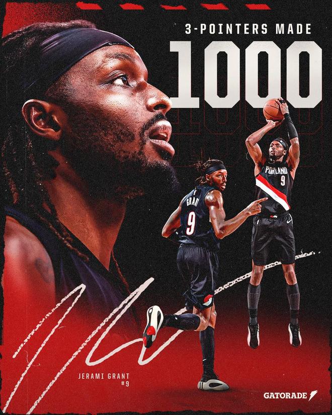 里程碑,格兰特对勇士投中生涯第1000记三分,全场22中12砍35分