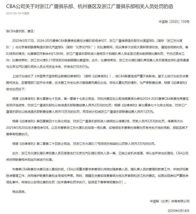 CBA开出重磅罚单，广厦男篮争冠之路再添阴霾