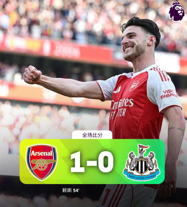阿森纳1比0纽卡提前锁定欧冠资格，末轮更从容，赖斯最关键
