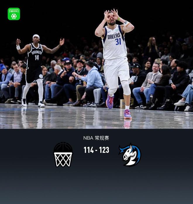 独行侠123-114小胜篮网，巴格利22+5，小波特空砍26分