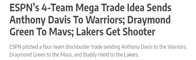 4队疯狂交易方案：浓眉去勇士，格林+库明加去小牛，湖人迎神射手