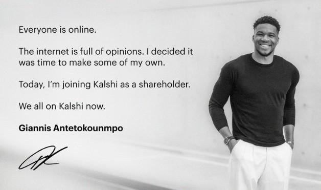 将把天赋带到…字母哥自宣入股体育竞猜平台Kalshi Sports