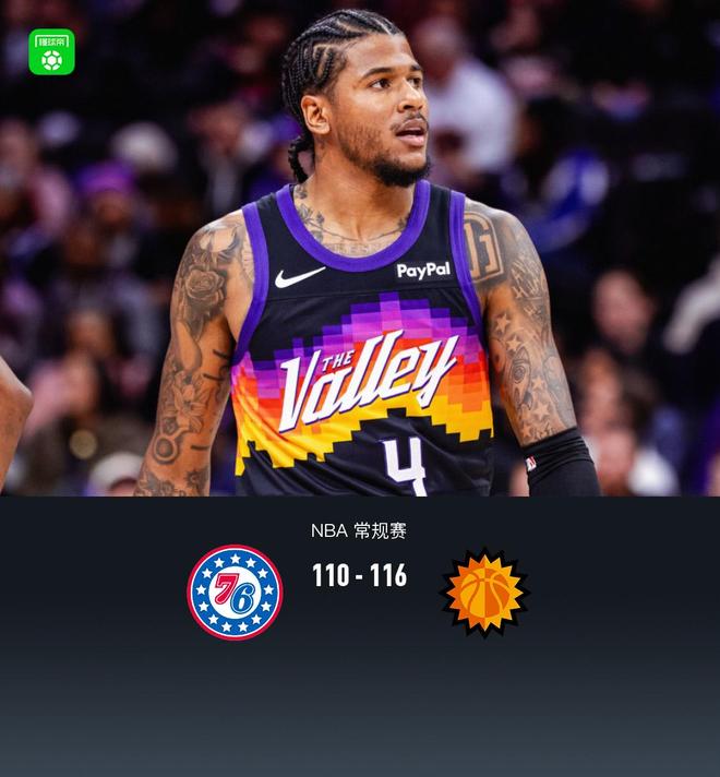 太阳116-110力克76人，杰伦-格林复出12分，布克27分
