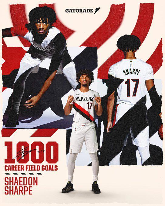 里程碑！夏普達(dá)成1000個(gè)運(yùn)動(dòng)戰(zhàn)進(jìn)球，開拓者隊(duì)史最年輕