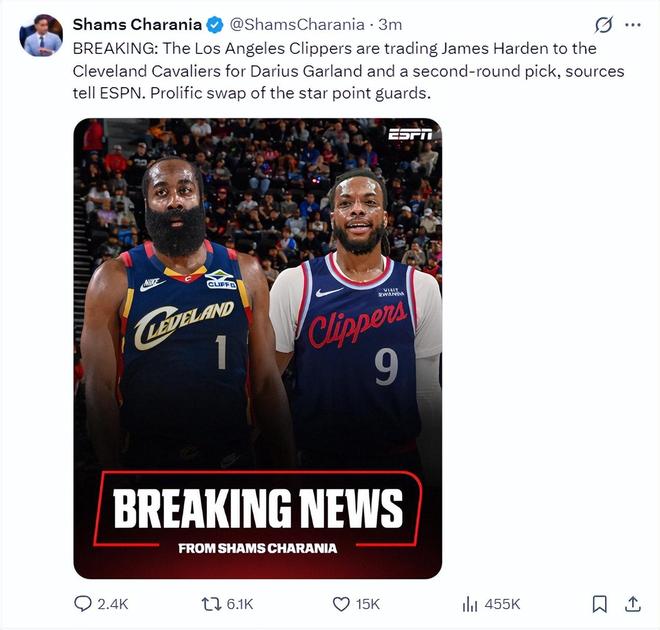 哈登1换2入骑士！近5年4次申请交易都成功 克城预计先发5虎已出炉