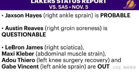 湖人迎關(guān)鍵對決，兩輪換出戰(zhàn)成疑，馬刺也面臨傷病潮