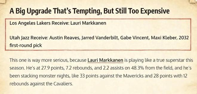 5换1交易方案出炉，场均28+7前锋加盟湖人，驰援詹姆斯？