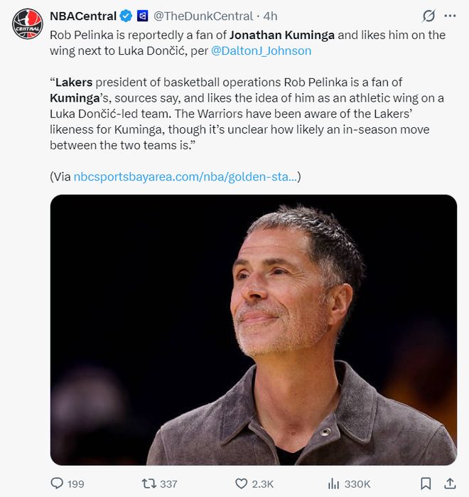 曝去年湖人已关注库明加：佩林卡喜爱成推手 3换1报价勇士未接受