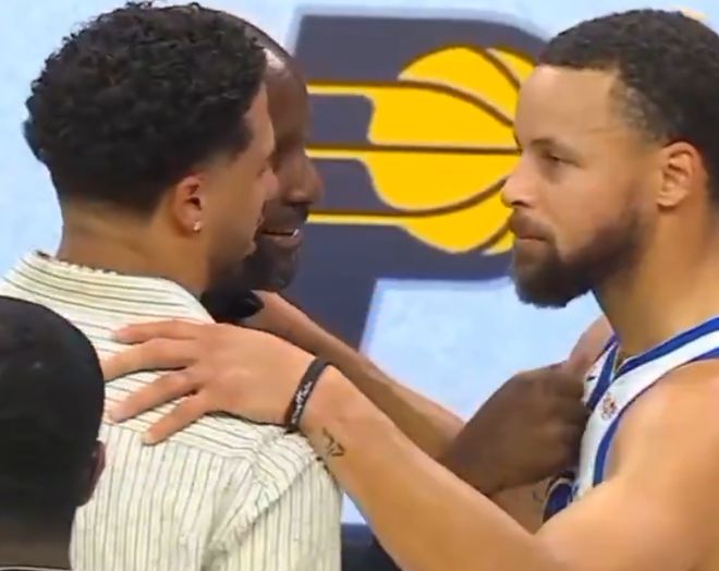 国家队队友!库里和哈利伯顿赛后拥抱热聊