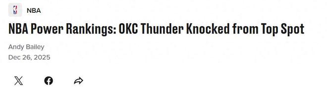 火箭跌至第6!NBA实力榜更新:湖人9勇士13马刺抢走雷霆第一宝座