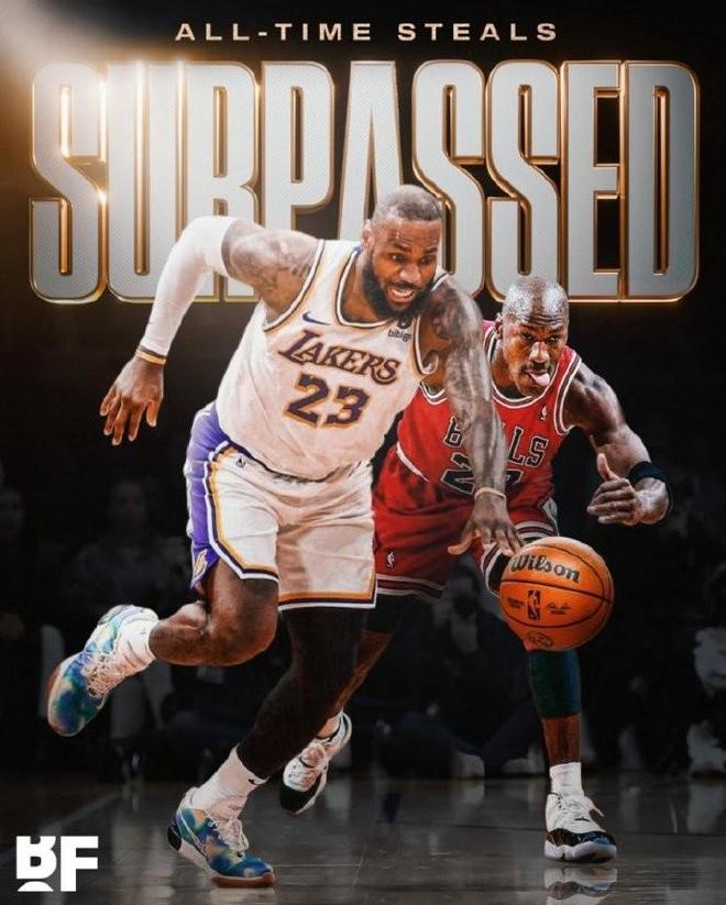 詹姆斯生涯搶斷總數(shù)來(lái)到2892個(gè)，超越喬丹升至NBA歷史第四