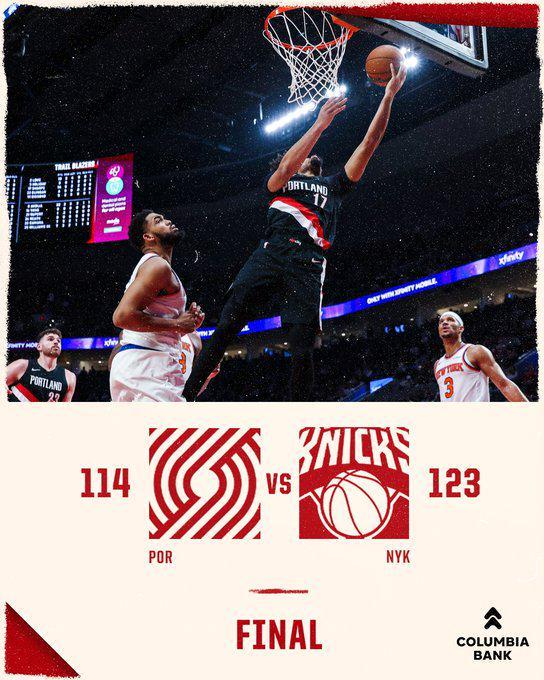 开拓者不敌尼克斯结束5连胜 阿夫迪亚伤退杨瀚森DNP