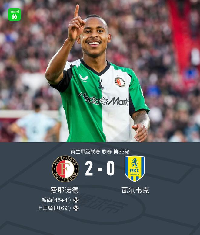 费耶诺德2-0瓦尔韦克锁定欧冠附加赛资格，派尚传射，上田绮世破门