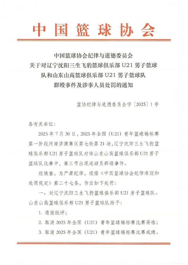 中国篮协通报辽宁山东U21群殴事件：四人停赛三年