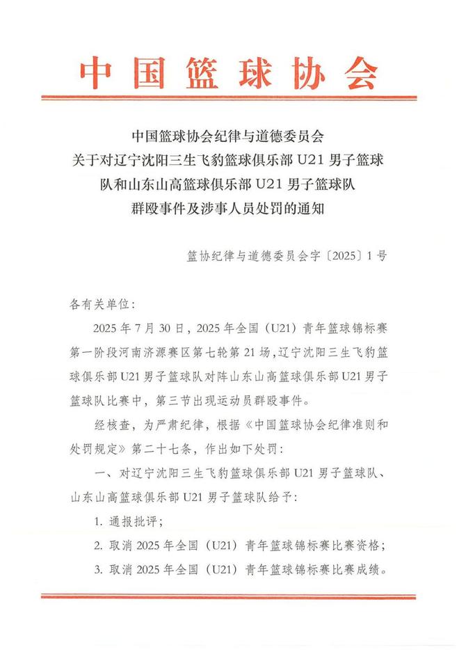 中国篮协通报U21群殴事件，对四名球员处罚停赛三年