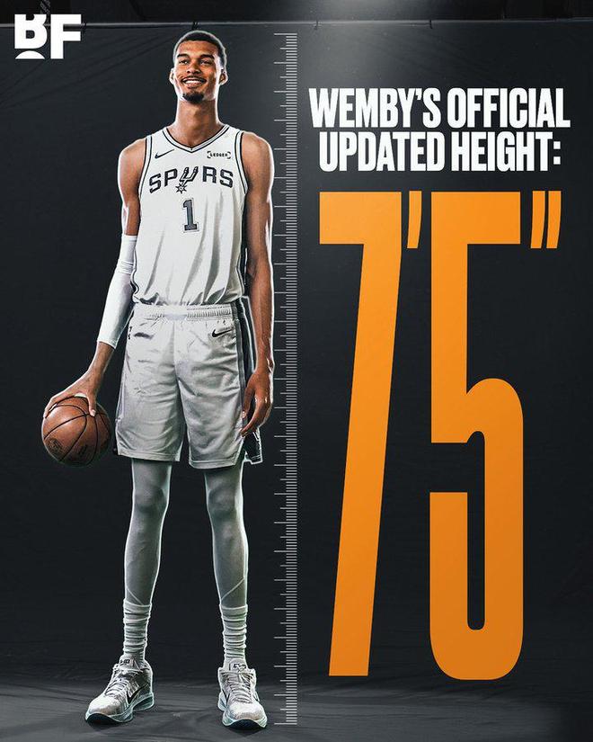 真长个了！NBA和马刺官方都将文班亚马身高更新为2米26
