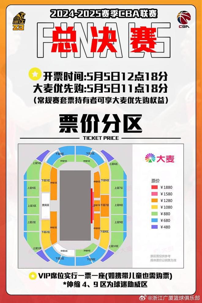 广厦主场总决赛门票最低480元&最高1880元，5月5日G1&G2开售