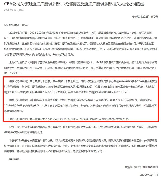拘留+罚款！CBA开重磅罚单！广厦最新表态，北京队收三大喜讯