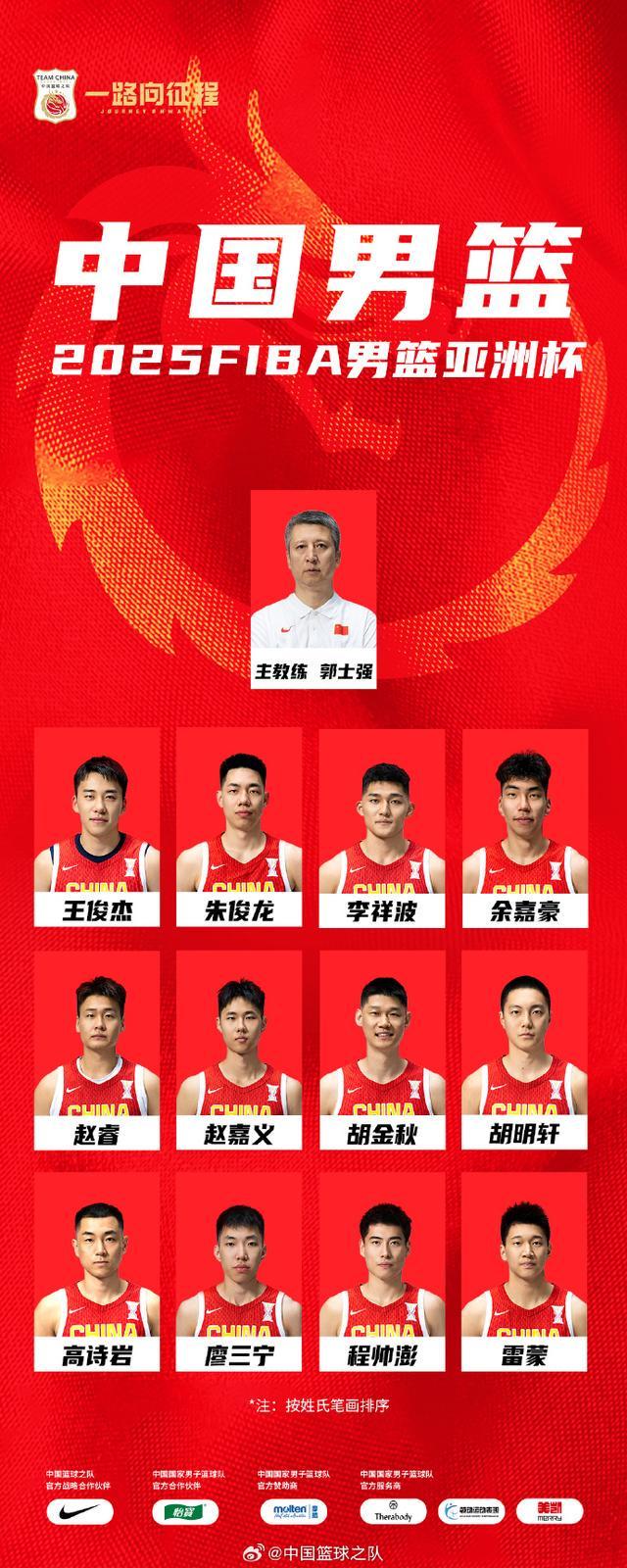 中国男篮亚洲杯12人大名单出炉：胡金秋赵睿领衔，张宁徐杰离队，周琦无缘