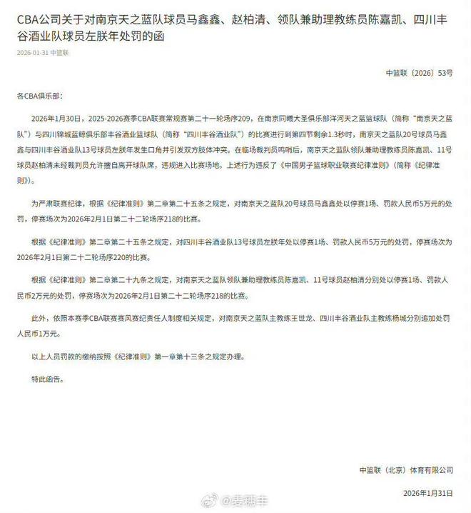 CBA對四川南京發生衝突球員停賽處罰