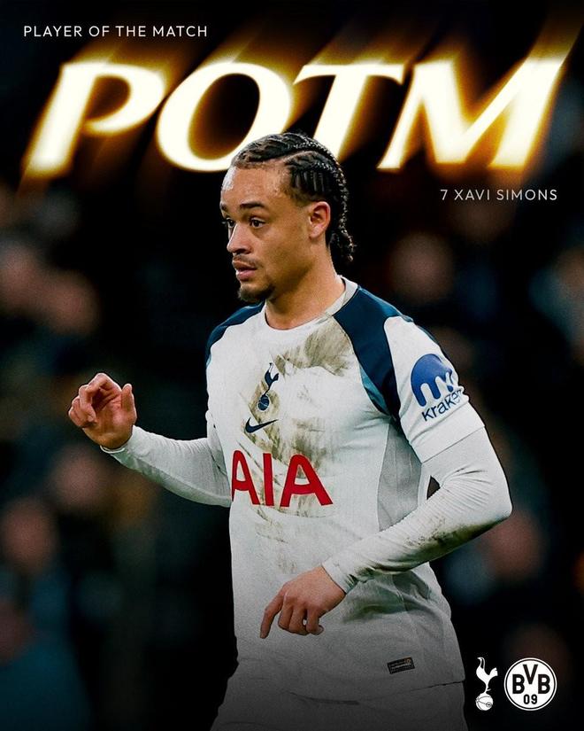 热刺官方：哈维-西蒙斯当选与多特一役队内最佳球员