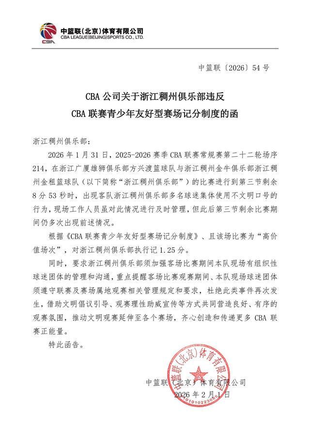 官方：浙江德比中稠州球迷使用不文明口号，扣除稠州纪律分1.25分