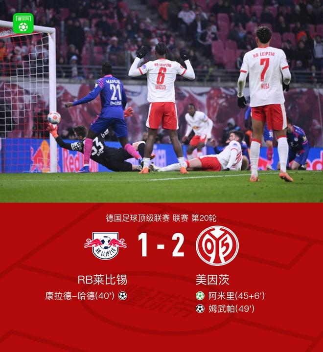 萊比錫1-2美因茨，阿米里點(diǎn)射，姆武帕建功，哈德進(jìn)球難救主