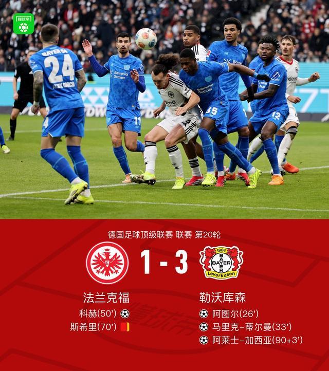 勒沃庫森客場3-1法蘭克福，阿圖爾、阿萊士-加西亞破門