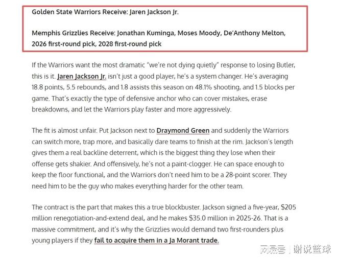 美媒支招勇士做5換1交易，可追19+6內(nèi)線，出三替補(bǔ)+兩首輪簽？