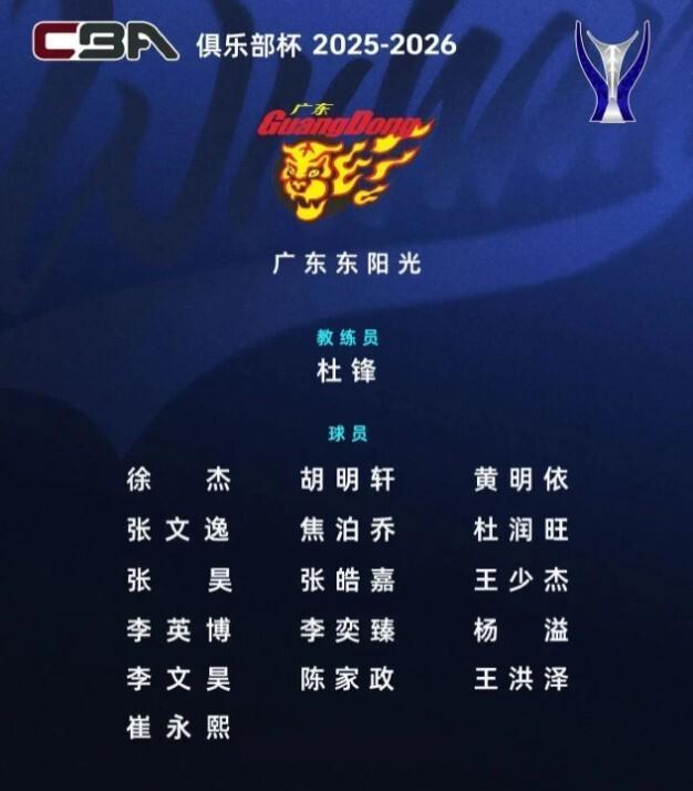 广东队俱乐部杯大名单出炉！杜锋带16人出战 多名年轻球员亮相