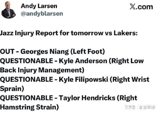 湖人戰爵士形勢大好，官方預測勝率近9成，對手五將可能缺陣