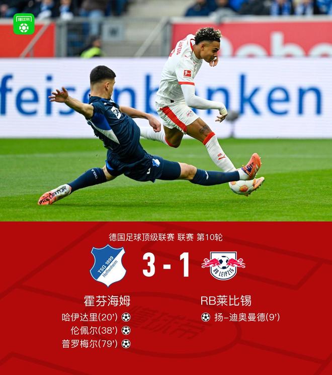 霍芬海姆3-1萊比錫，哈伊達(dá)里、倫佩爾、普羅梅爾破門