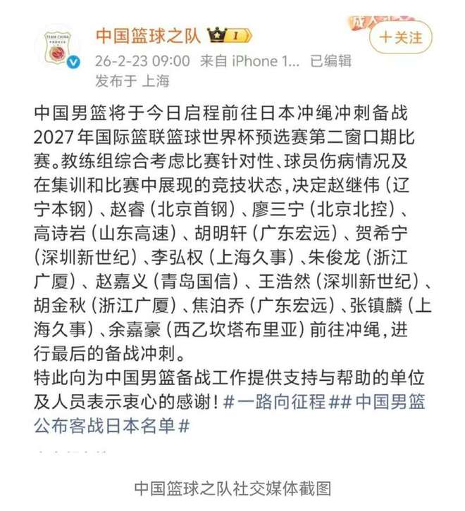 中国男篮公布世界杯大名单