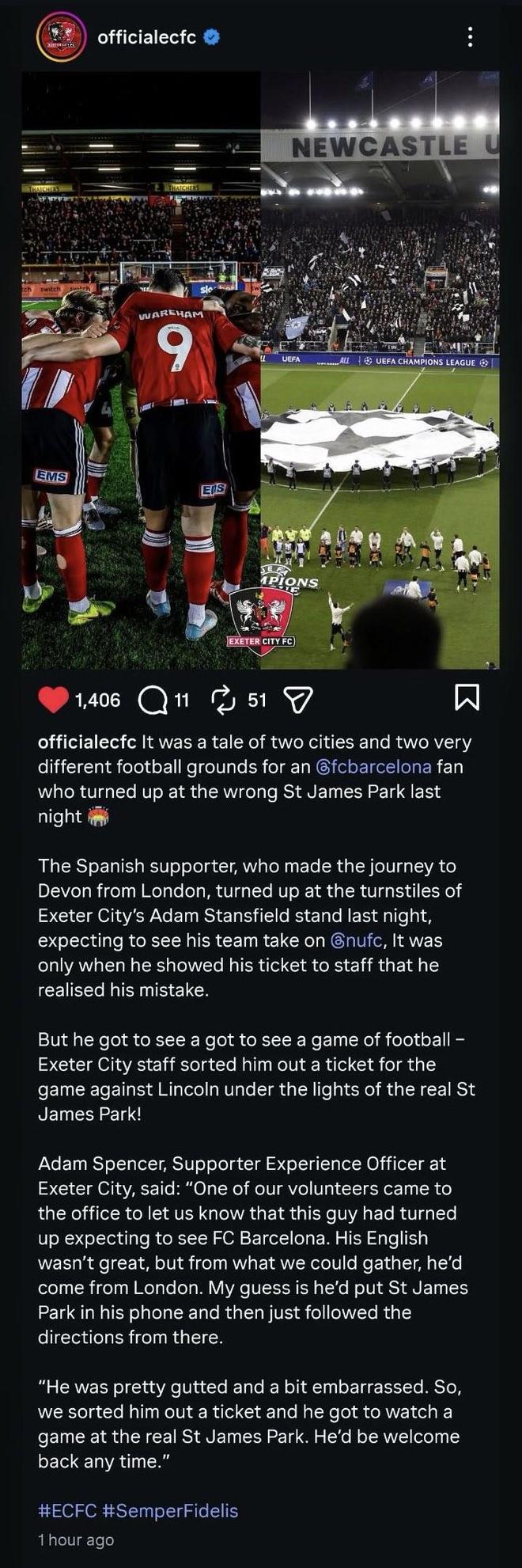 这不是圣詹姆斯公园吗？巴萨球迷去看欧冠打纽卡，误入埃克塞特同名主场