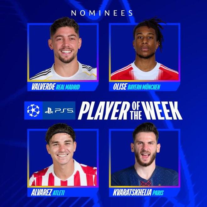 欧冠周最佳球员候选：巴尔韦德、奥利塞、小蜘蛛、KK7入选